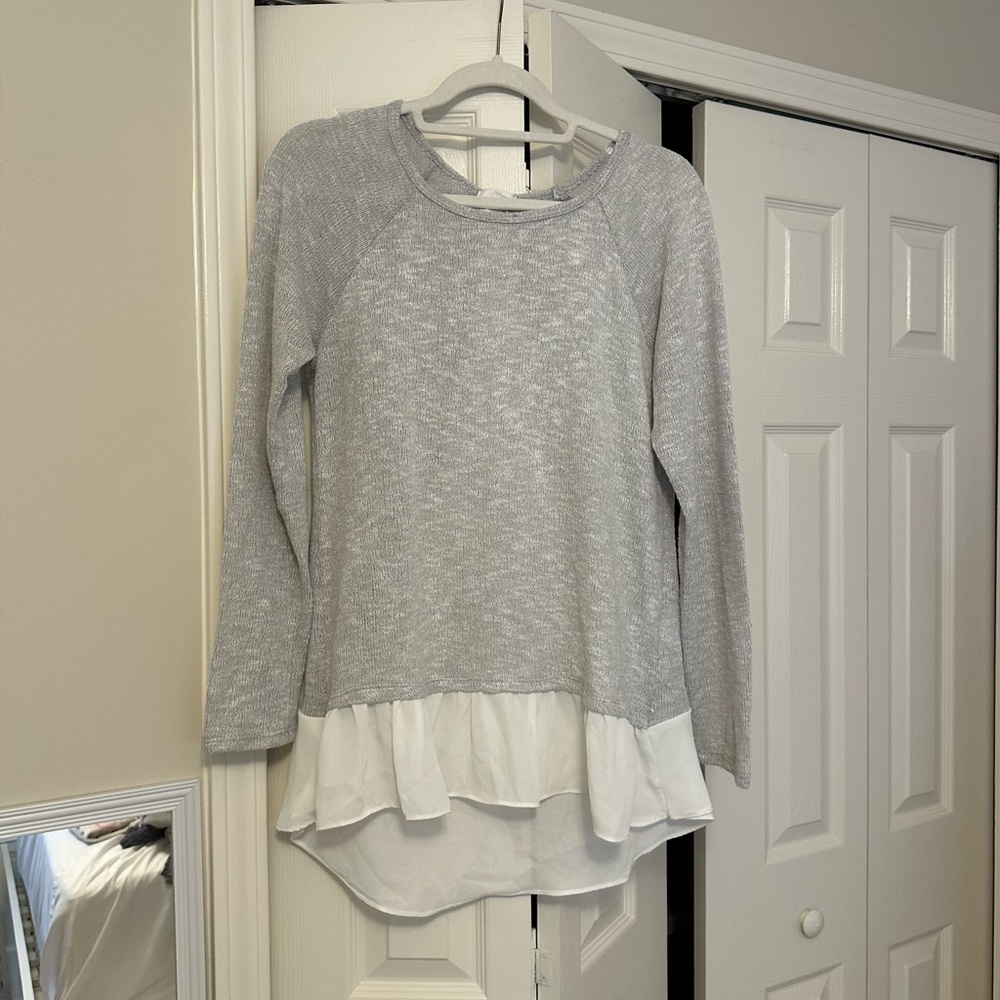 Charming Charlie Gray and White Layered Crew Neck Sweater